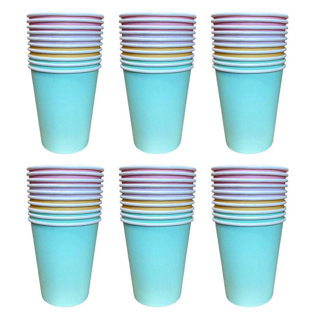 Kissymix Pastel Paper Cups 60 Colourful Disposable Paper Party Cups - Blue, Yellow, Purple and Pink Cups for Birthdays, Parties and Celebrations