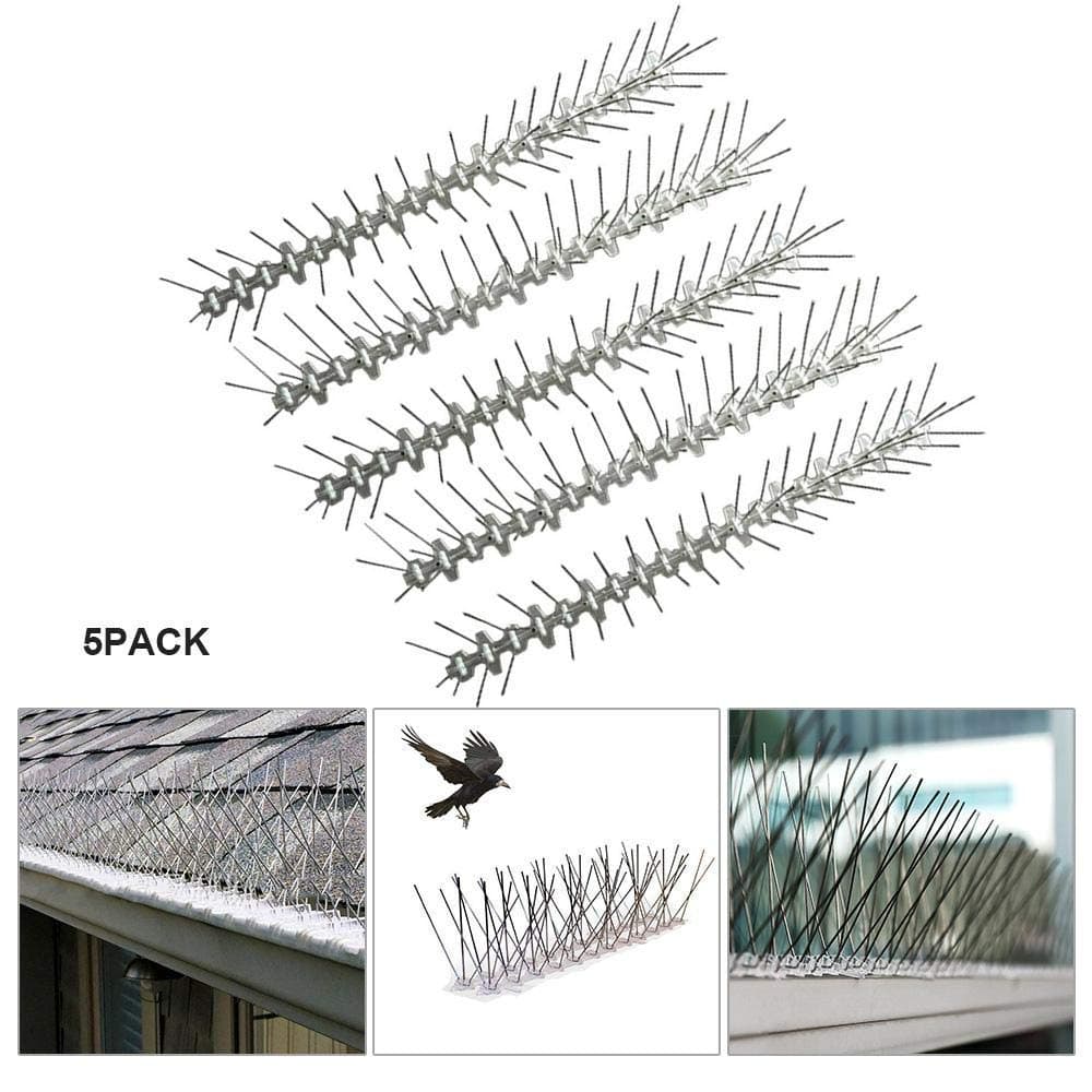 euwanyu Bird Spikes Strips, Pack of 5 Newest Pigeon Spikes with Stainless Steel Deterrent Spikes & 360 Degrees Flexible Base - Cover 10 Feet - Great Defenders for Flat Or Curved Surface (5 Pcs)
