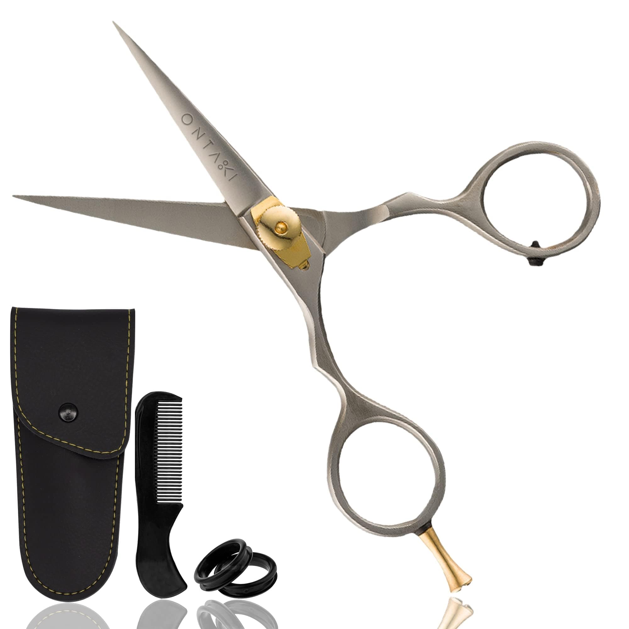 Ontaki Beard & Mustache Scissors for Men - 5.5" Japanese Steel, Silver - Precision Sharp Blades, Ergonomic Finger Rest & Adjustable Tension Screw for Perfect Trimming - Beard Grooming Scissors