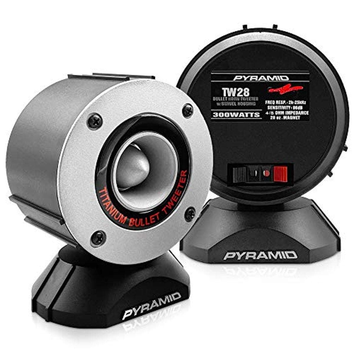 300 Watt Marine Tweeter Speaker - 3.75” Aluminum Bullet Horn w/ 1” Titanium Dome Tweeter, 2k-25kHz Frequency Response, 4 Ohm Impedance, Heavy Duty 20 Oz. Magnet Structure -TW28 (Pair)