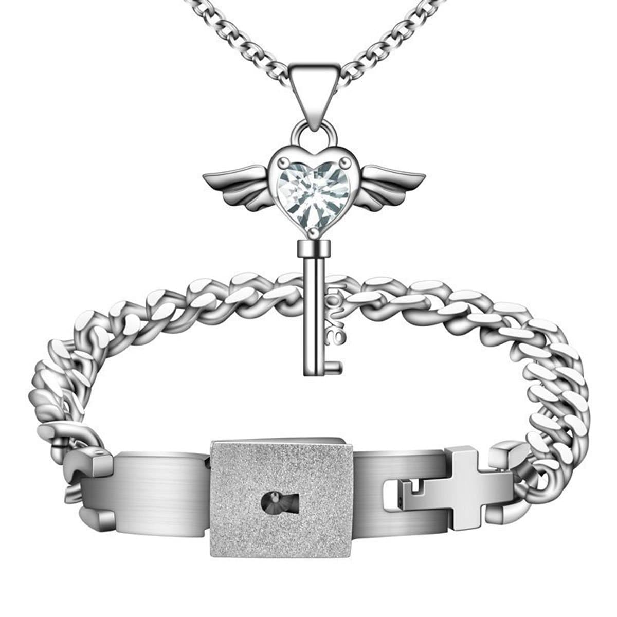 MLOVE Lovers Jewelry Set Mens Heart Lock Bracelet Matching Womens Angel Wings Key Pendant Necklace