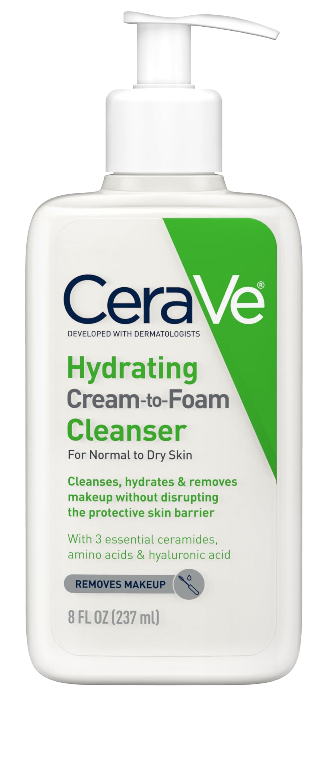 Hydrating Cream To Foam Cleanser, Makeup Remover Face Wash For Dry Skin, Foaming Facial Cleanser With Hyaluronic Acid, Normal To Dry Skin, Fragrance Free & Non Comedogenic, 8 Fluid Ounces