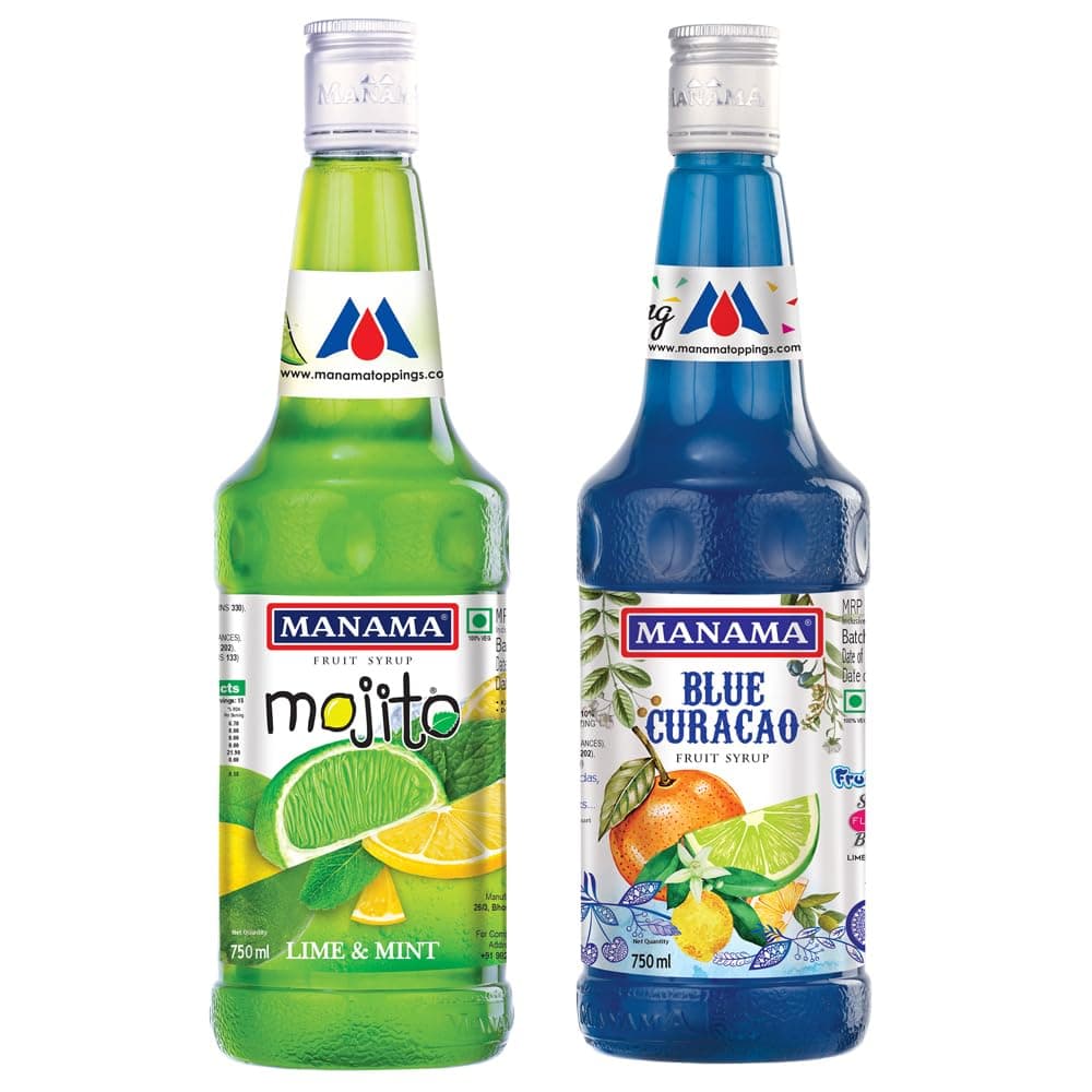 Manama Lime and Mint Mojito Flavoured Syrup and Blue Curacao Flavoured Fruit Twist Syrup 750ML Each, Pack of 2