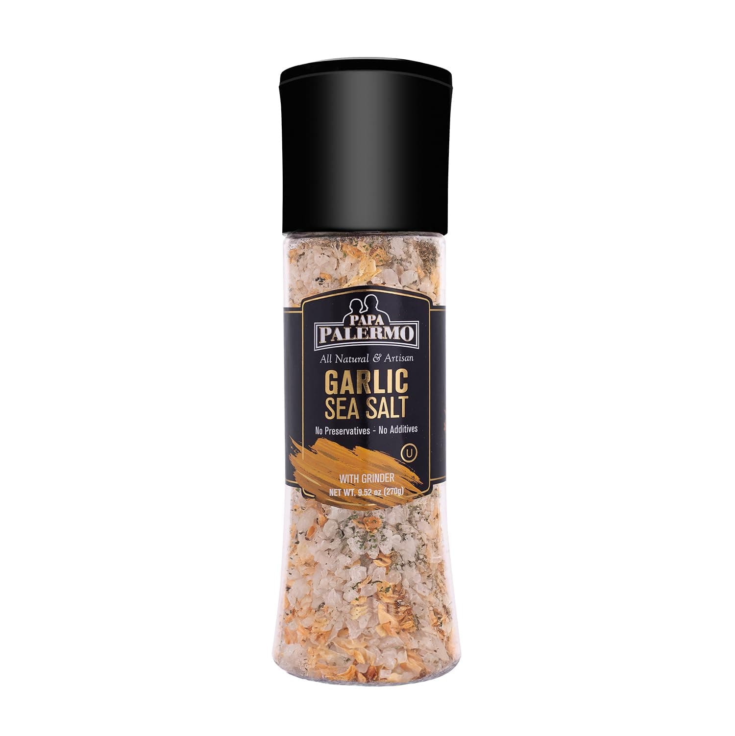 Palermo Garlic Sea Salt Seasoning with Grinder, Kosher, All Natural, No Additives, 9oz