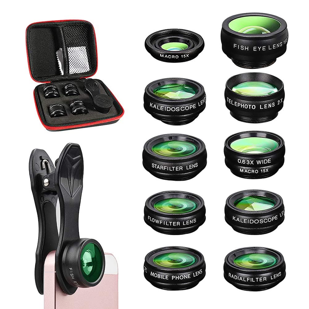 MUZI Phone Camera Lens Kit,10 in 1 Phone Lens Kit Wide Angle Lens & Macro Lens+Fisheye Lens+Telephoto Lens+CPL/Flow/Radial/Star Filter+Kaleidoscope 3/6 Lens for Most Android and Smart Phone