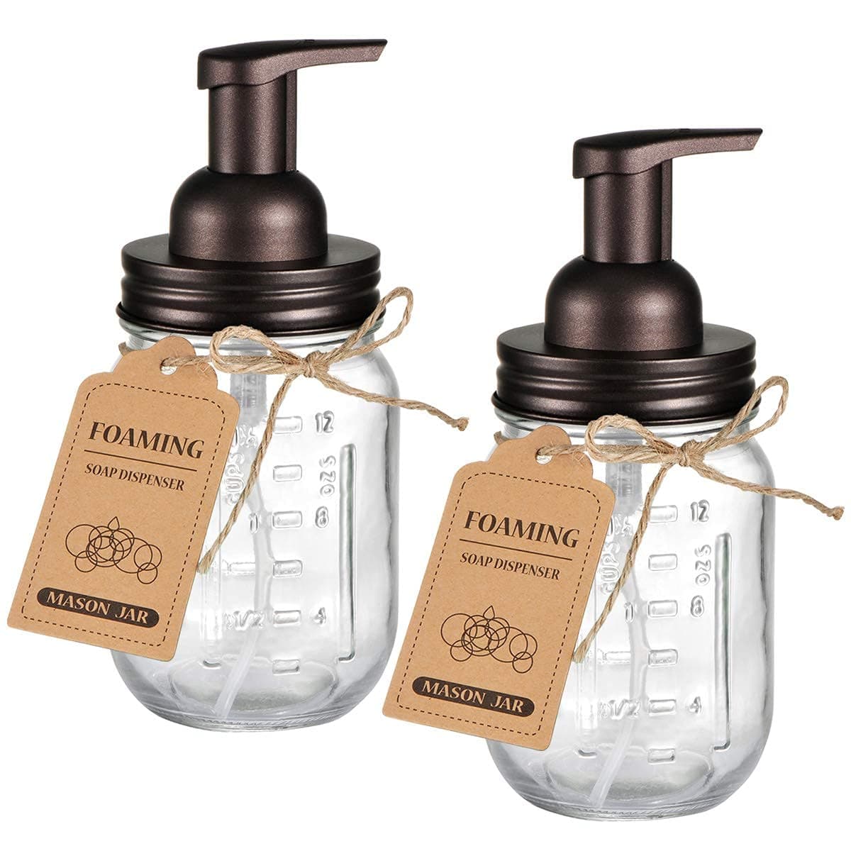 Amolliar Mason Jar Foaming Soap Dispenser, Rustproof Stainless Steel Lid, BPA Free Foam Pump, Waterproof Labels, Rustic Farmhouse Decor Refill Hand Soap Dispenser Bathroom Accessories– Bronze (2 Pack)