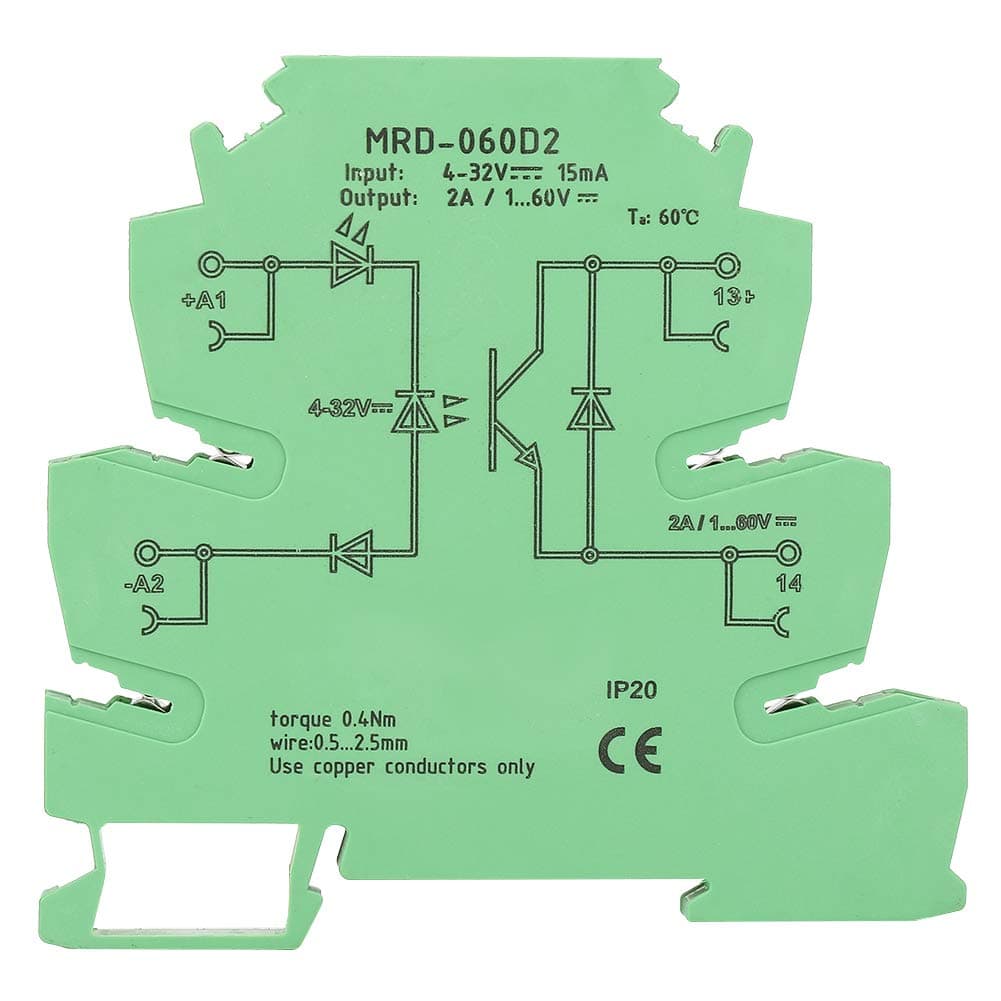DIN Rail Relay Module, MRD-060D2 Ultra-Thin DIN Rail Mount Relay 6.2mm Solid State Relay Module Input 4-32VDC NO with LED Input State Indicator
