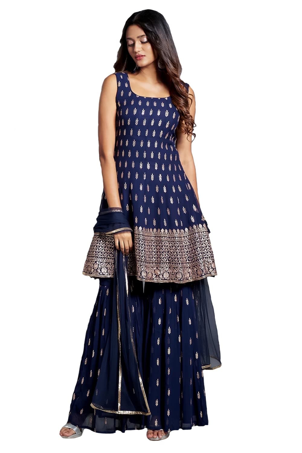 Women's Embroiderd Work Navyblue Color Weding Wear Anarkali Kurta Sharara Set