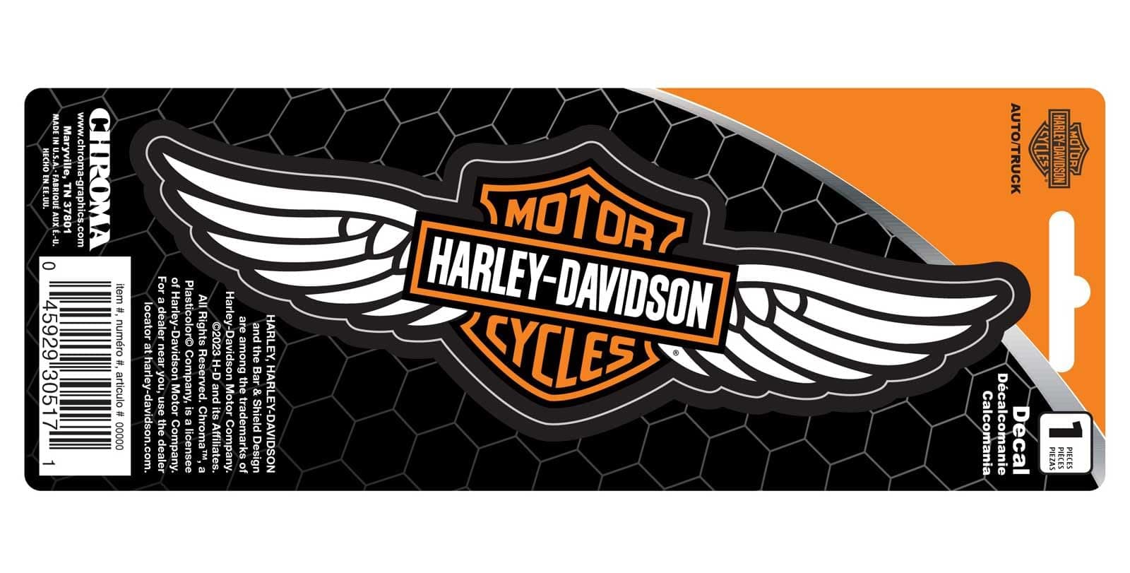 HARLEY-DAVIDSON CHROMA 30517 Winged Bar & Shield Logo Decal - Orange/White - 3 x 8 inches