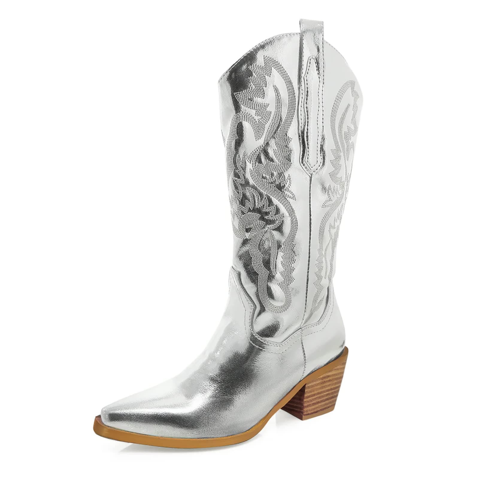 Cowboy Boots for Women Cowgirl Boots Metallic Wide Calf Western Boot Pointed Toe Block Chunky Heel Stitching Pull on