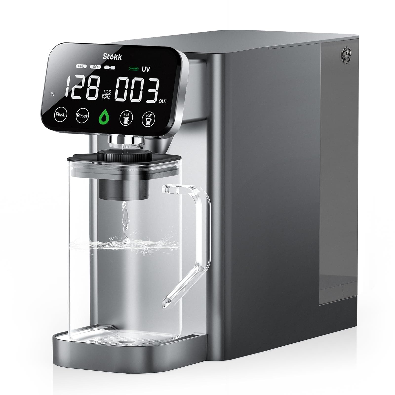 Stokk T1 Lite UV Reverse Osmosis Water Filter Countertop, Carafe Alkaline Boost, 6-Stage RO Filtration System, Home Water Purifier, Reduce TDS PFAS, Grey