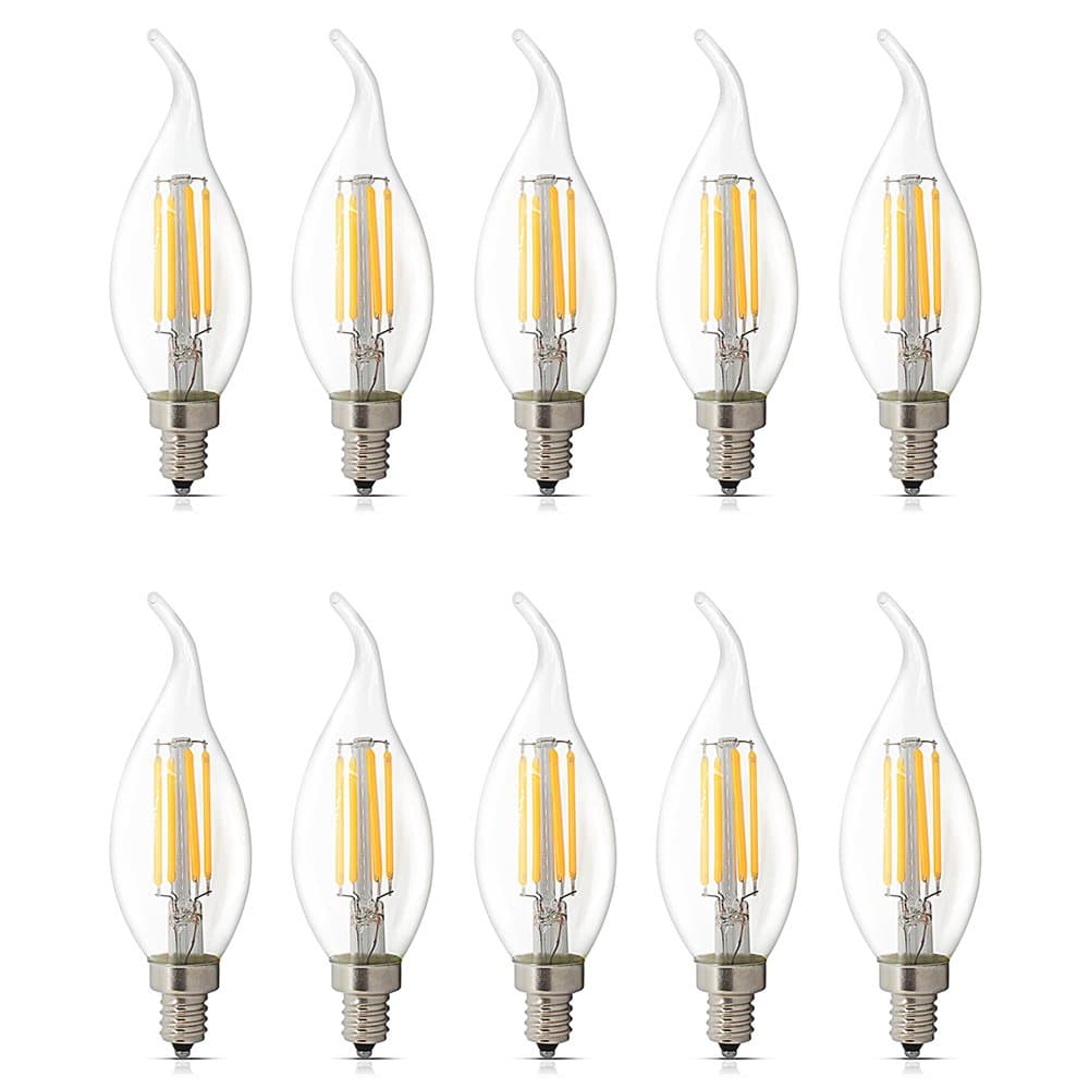 – 10 Pack E14 LED Dimmable 4W Warm White 2700K, C35 Bent Tip Flame Shape, Vintage Led Chandelier Light Bulbs, 40w Candelabra Halogen Bulb, LED Candle Filament Bulb Light
