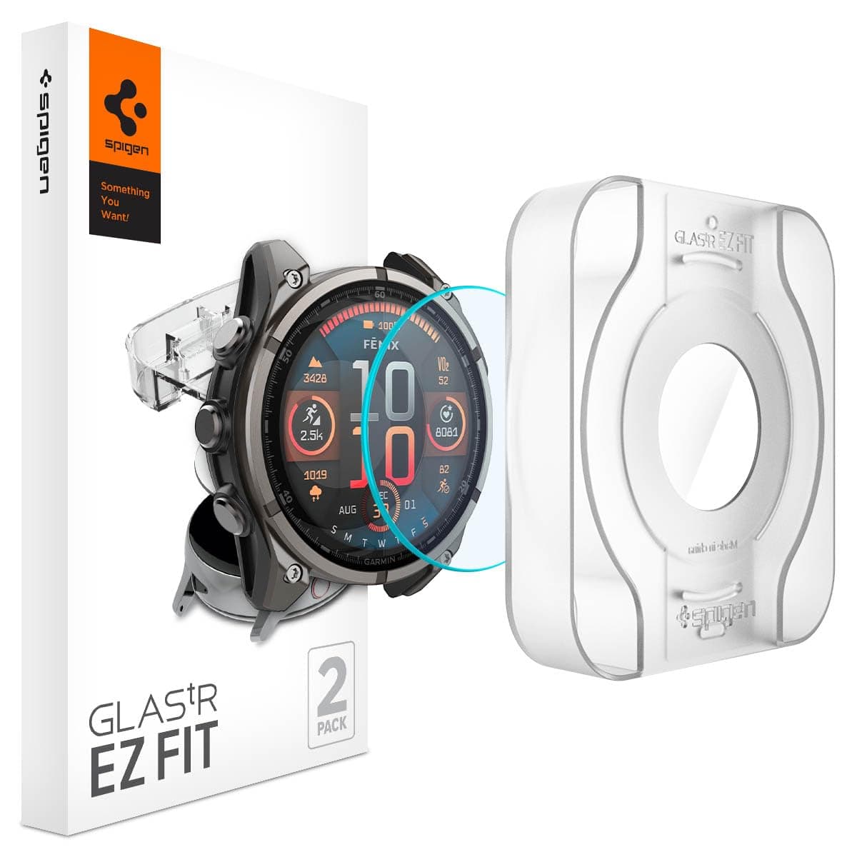 Spigen Glas.tR EZ Fit Screen Protector Compatible with Garmin Fenix 8 47mm, 2 Pack, Installation Template, Crystal Clear, Responsive Touch, 9H Glass
