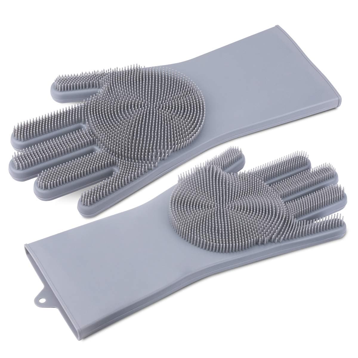Magic Dishwashing Gloves with Scrubber, Silicone Cleaning Reusable Scrub Gloves for Wash Dish,Kitchen, Bathroom(Gray,1 Pair: Right + Left Hand)
