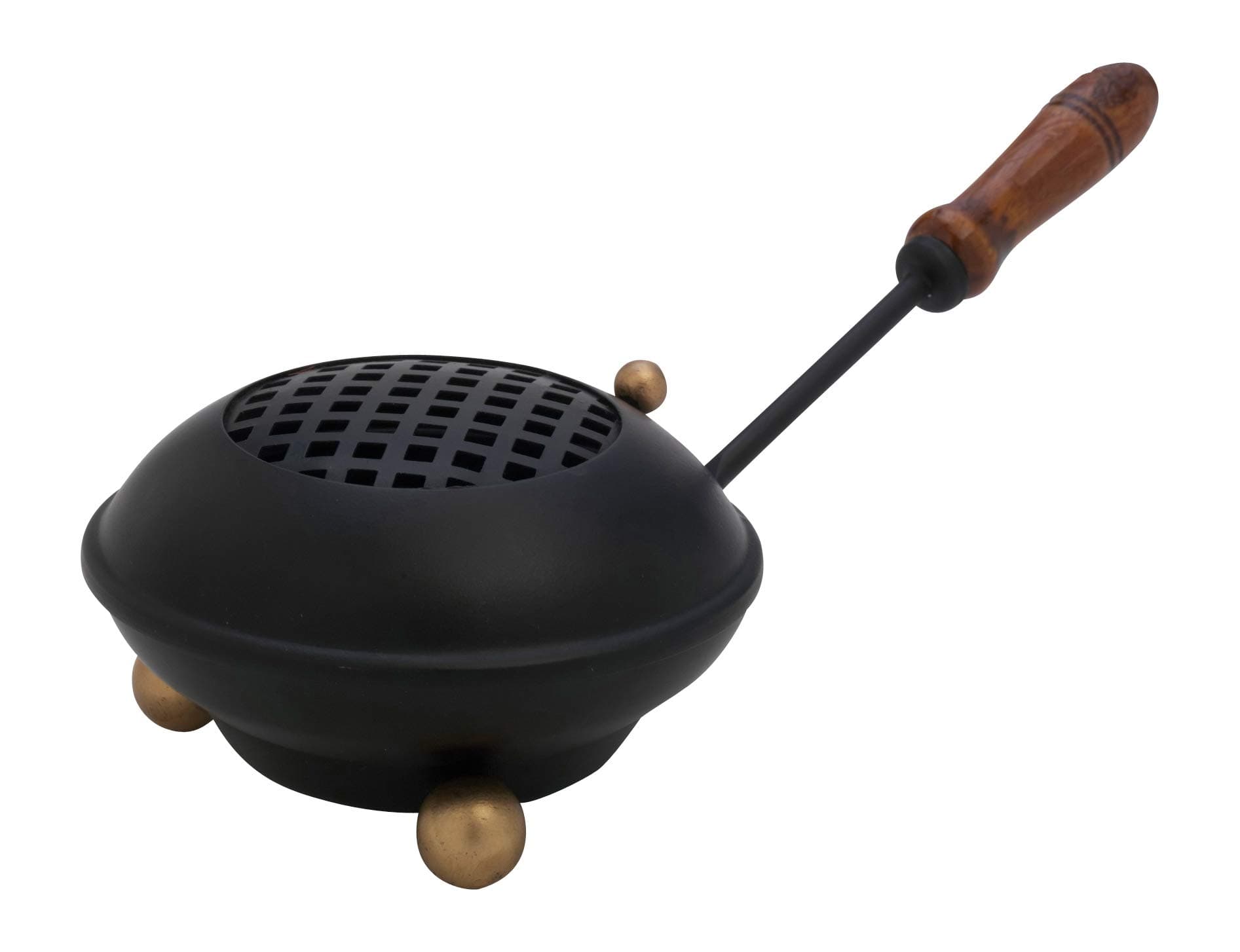 Large Smoking pan [Diameter 4.33 inch, Length Approx. 9.84 inch], Made of Iron, matt Black, with Removable Sieve and Wooden Handle