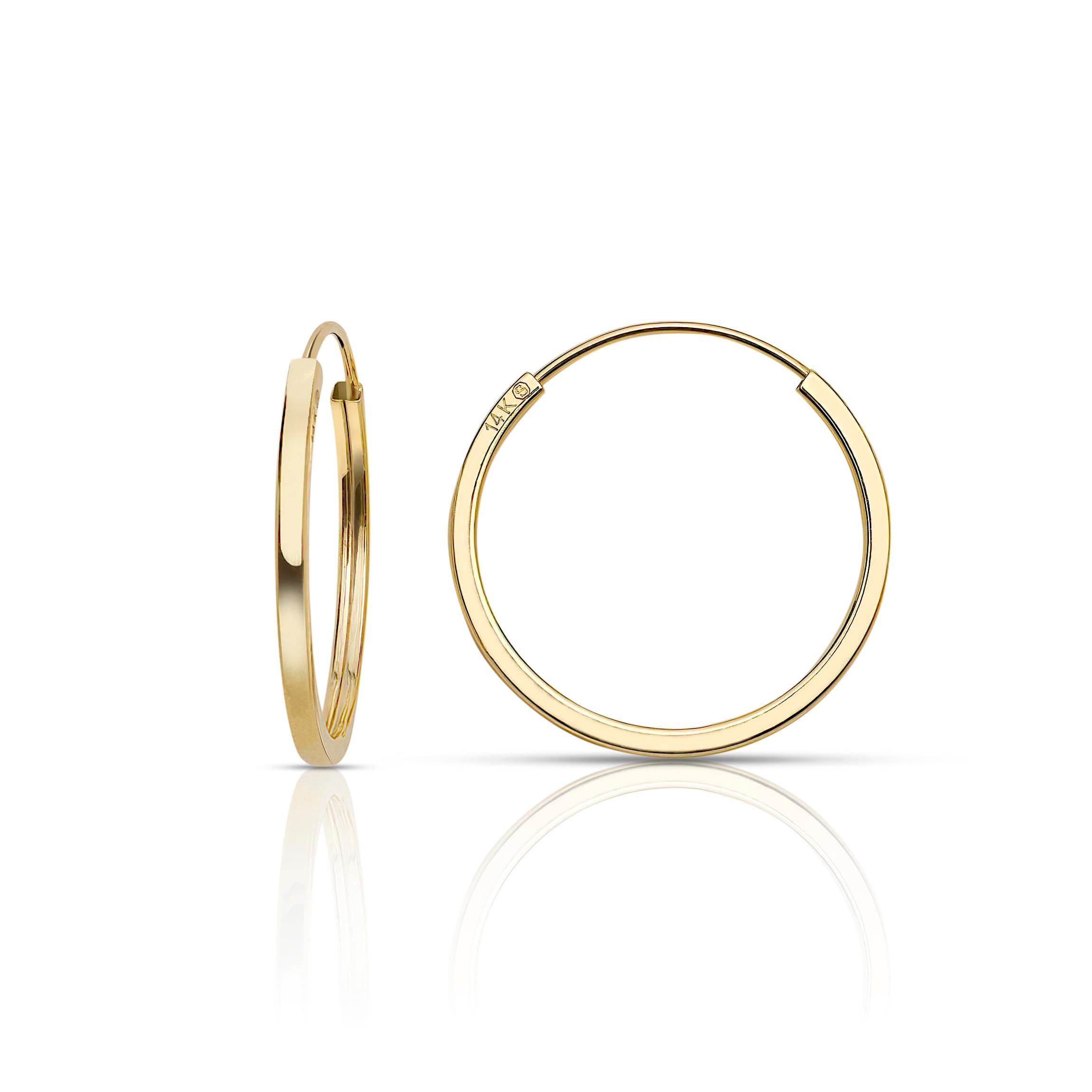 14k Yellow or White Gold Lightweight Square Endless Hoop Earrings (10-20mm) True 1.0mm width. Piercing to Lobe, Upper-Lobe for a Woman, Man, Teens