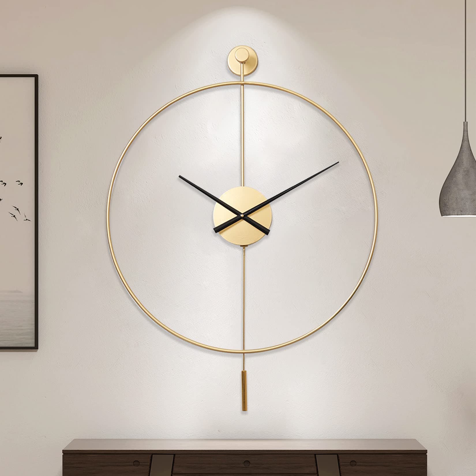 YISITEONE Classical Large Decorative Wall Clock with Pendulum, Modern Non-Ticking Silent Metal Wall Clocks for Living Room, Bedroom, Study, Office, 23.6" (Gold)