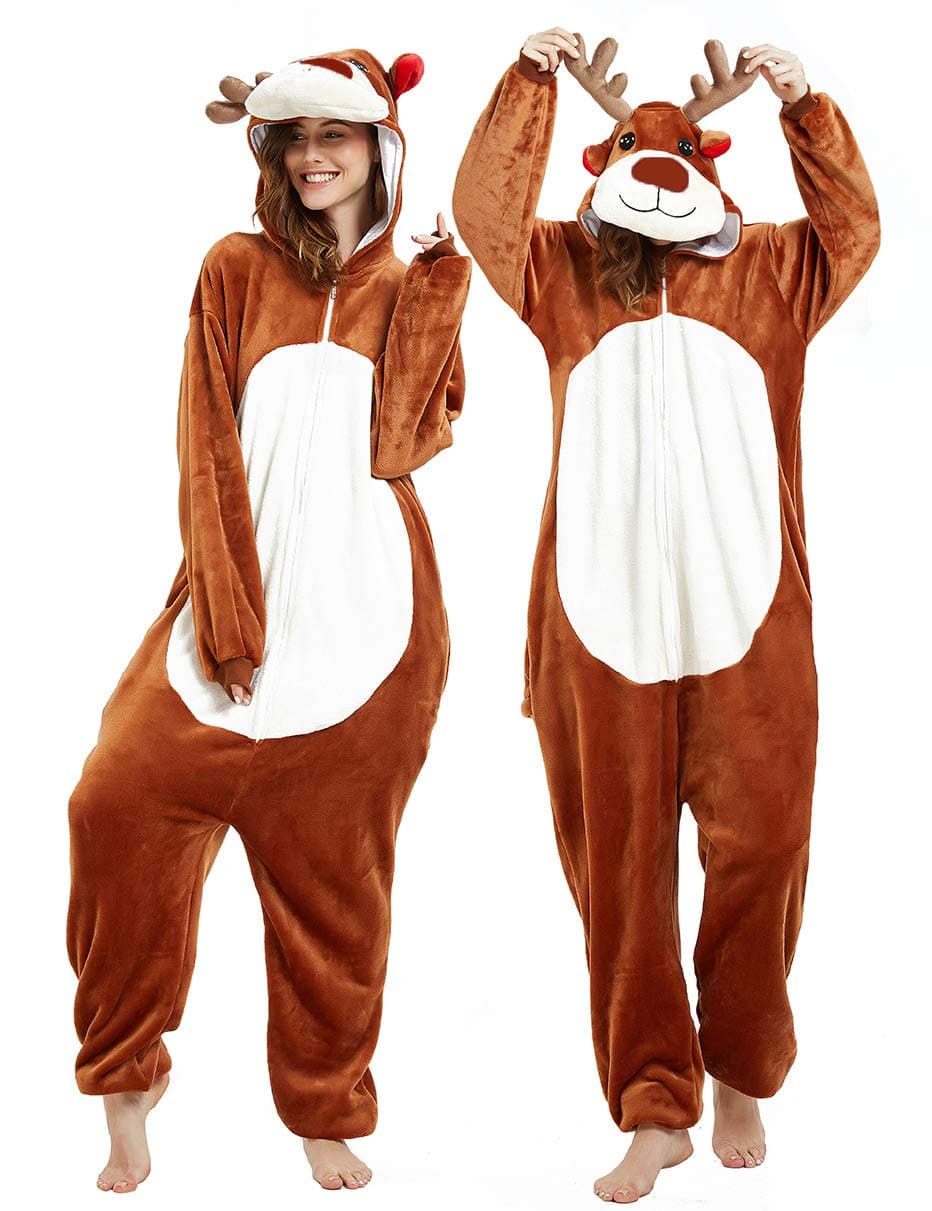 CASABACOWomen Deer Costume Adult Reindeer Onesie Onepiece Pajama, Brown, S
