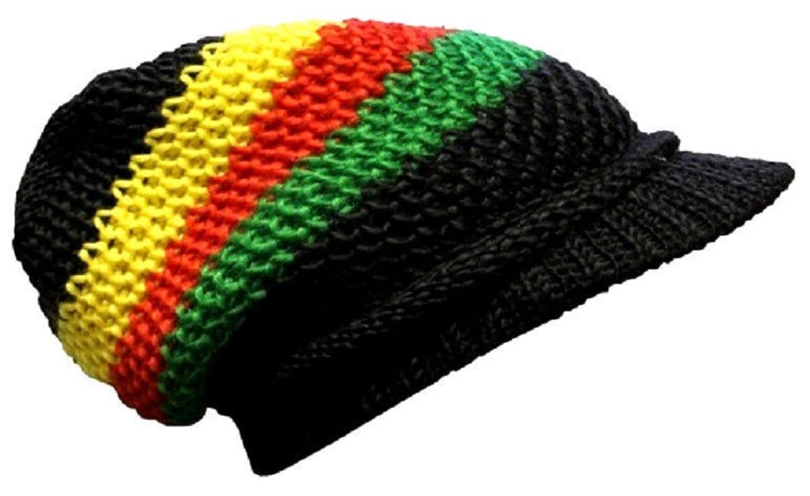 Black Rasta Reggae Knitted Beanie Hat with Peak Bob Marley Style