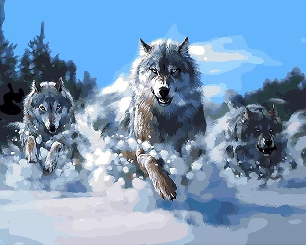 Frameless Animals Diy Oil Painting Paint by Numbers Kit - Three Running Wolves