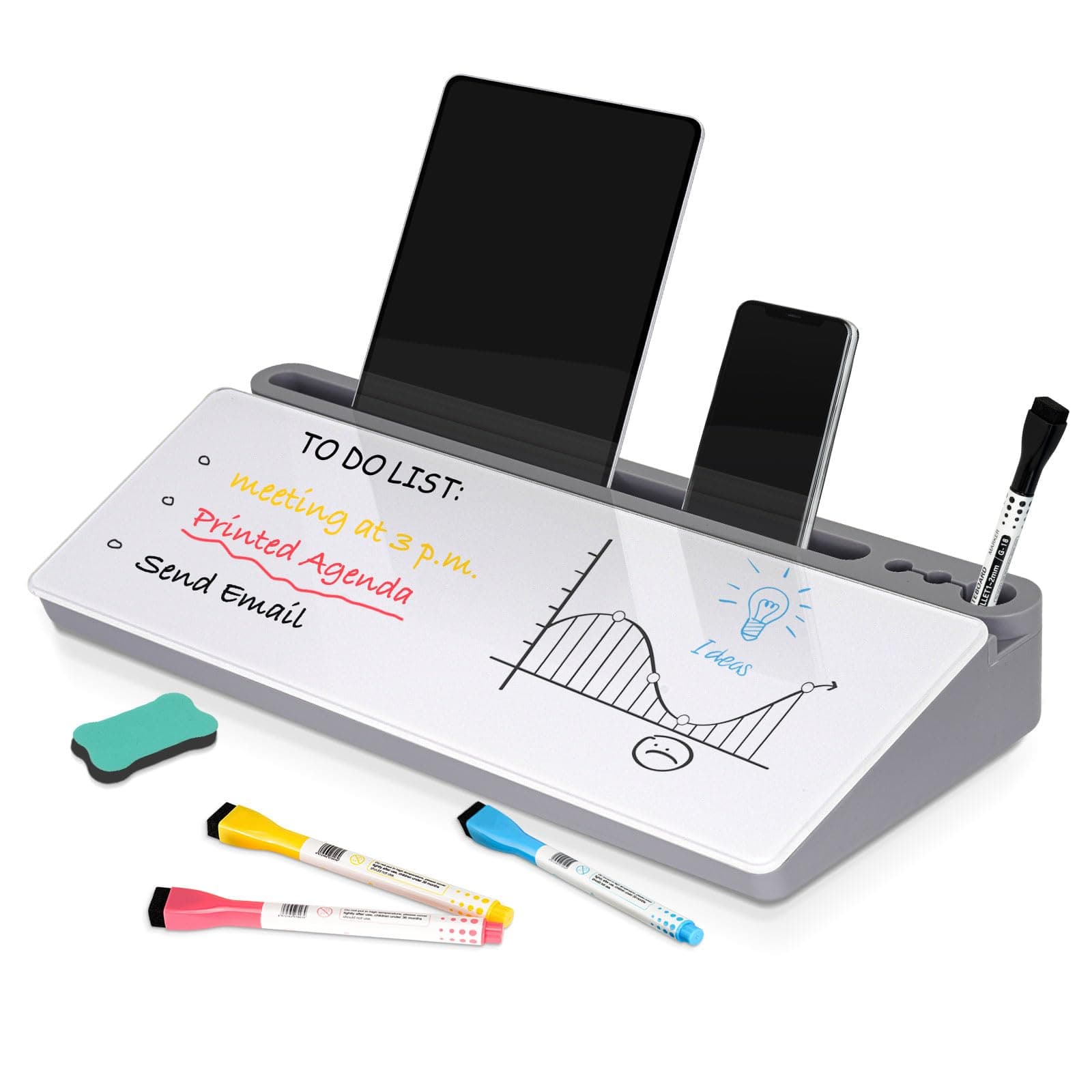 DOLLAR BOSS Glass Desk Whiteboard Small Dry Erase Board Desktop White Board with Storage Drawer Computer Keyboard Stand Desk Organizer Office Accessories School Supplies with 4 Markers 1 Eraser, Grey