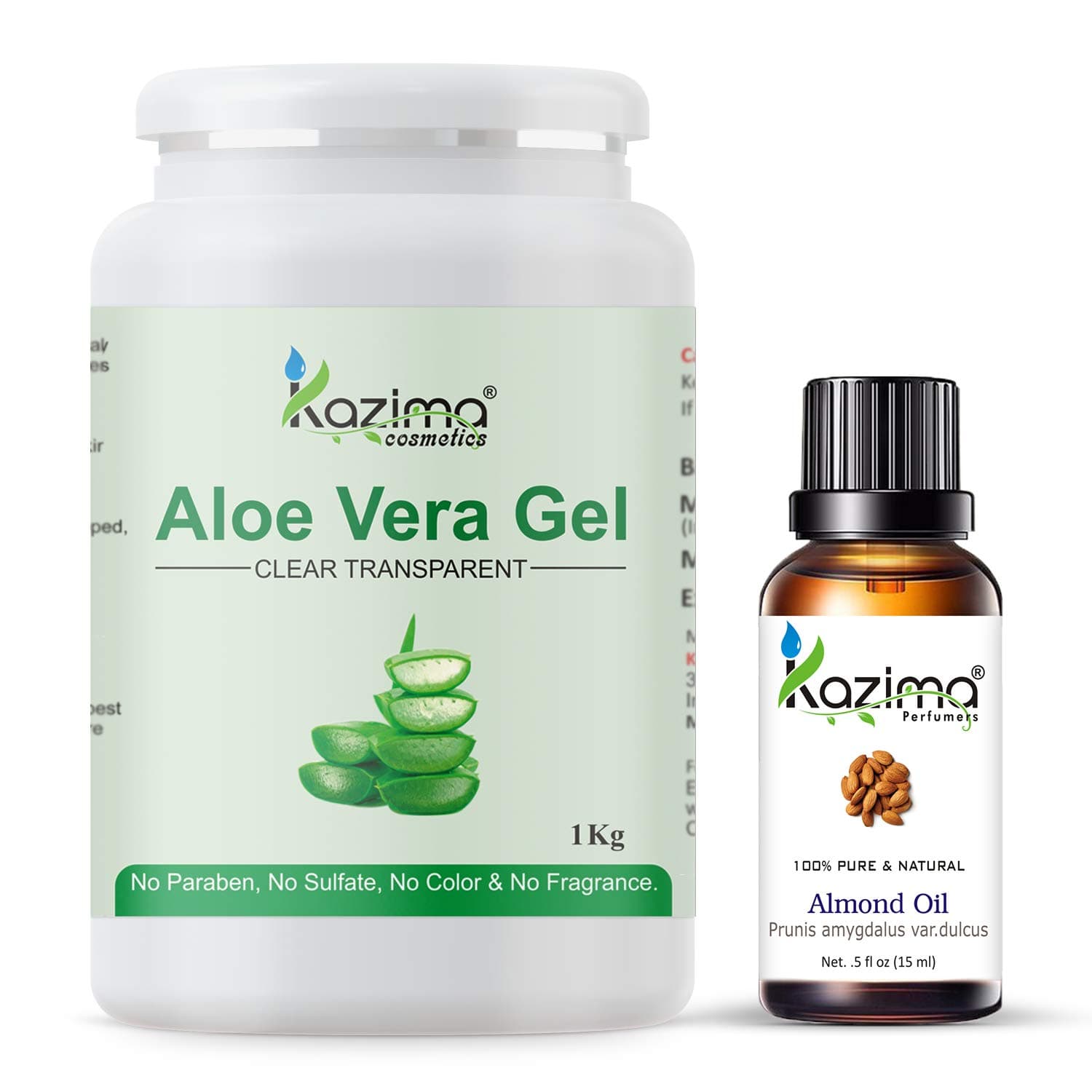 Combo of Aloe Vera Gel 1Kg & Almond Carrier Oil 15ml - 100% Pure & Natural for Skin, Face, Acne Scars, Hair, Moisturizer & Dark Circles (Combo of 2)