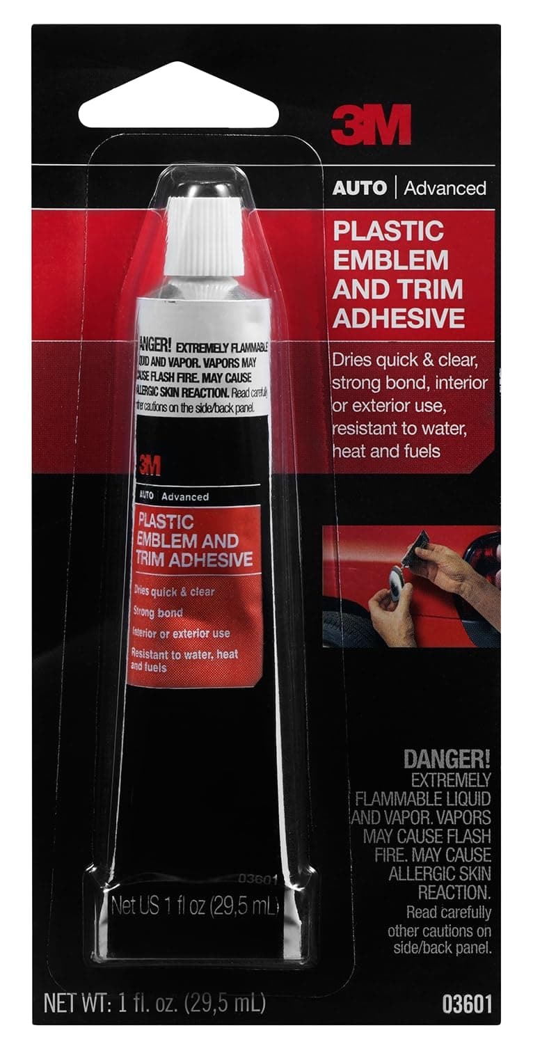 3M Plastic Emblem & Trim Adhesive (03601), 1 fl oz Tube – Clear-Drying Auto Glue for Plastic and Metal Trim, Emblems, Moldings, Interior or Exterior Use, Quick-Setting, Weather-Resistant Adhesive