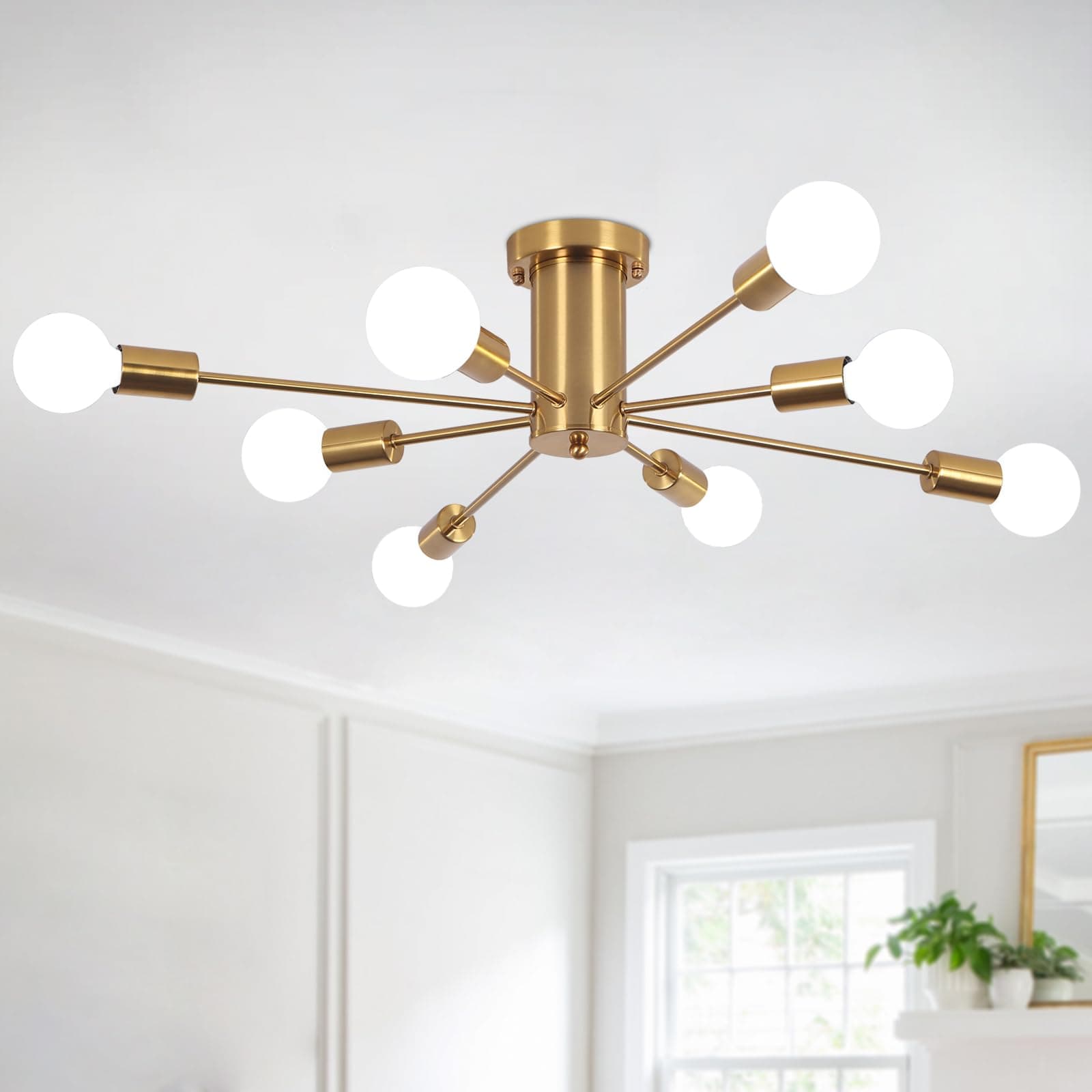 Ceiling Lights Living Room, 8 Lights E27 Socket Gold Ceiling Lights, Semi Flush Mount Sputnik Ceiling Light, Modern Chandeliers Ceiling Light for Kitchen, Bedroom, Dining Room, Hallway