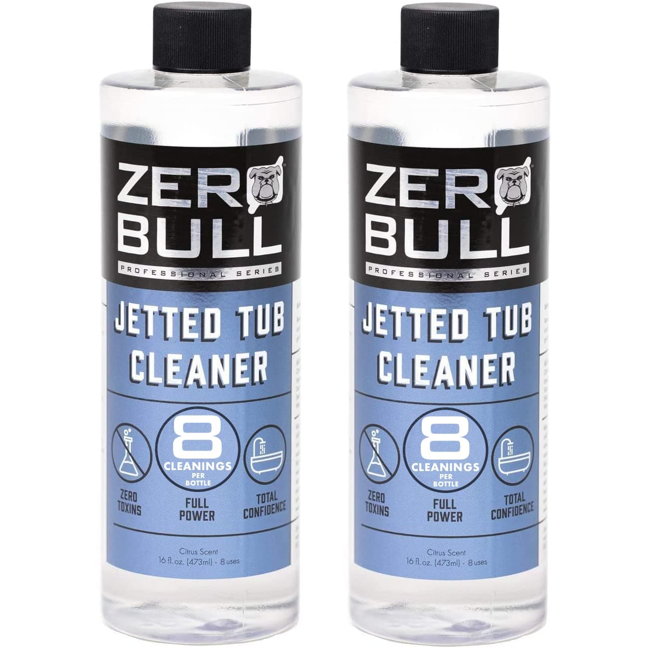 Zero Bull Jetted Tub Cleaner. 8 cleans per bottle. The most powerful and safest-no dangerous quat or bleach. Clean jacuzzi, bath tub, hot tub, whirlpool, spa, dishwasher, and drain.
