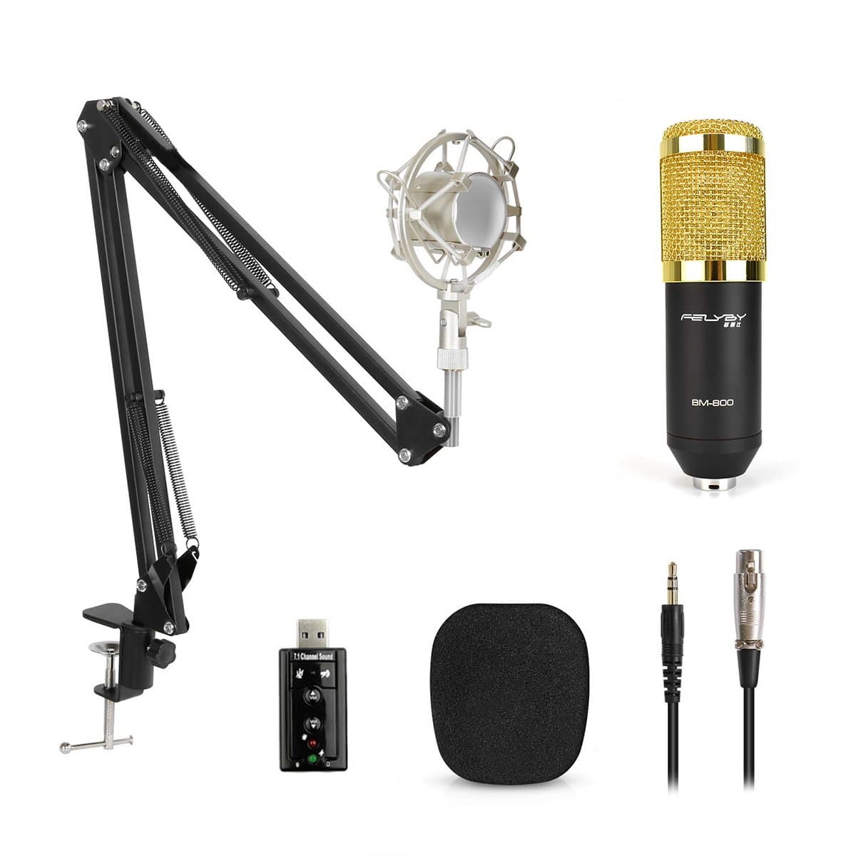 BM-800 Professional Studio Condenser Microphone Set, XLR Condenser Mic Kit for Recording (Black-Sound Card)