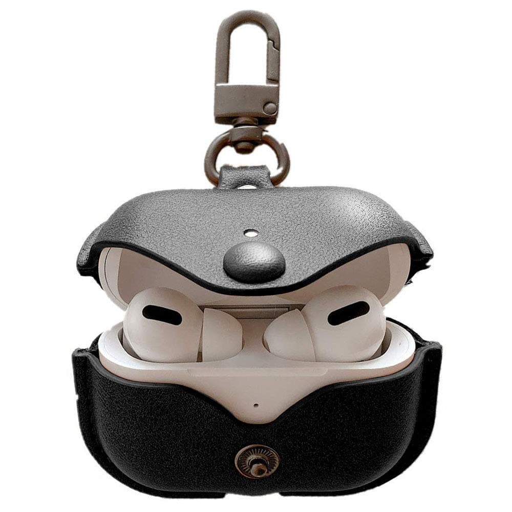 Nigaee for AirPods Pro Case (2019 Release), Genuine Leather Protective Case Compatible for Apple Airpods Pro Wireless Charging Covers Soft Slim Skin with Keychain Hook, Visible Front LED, Black