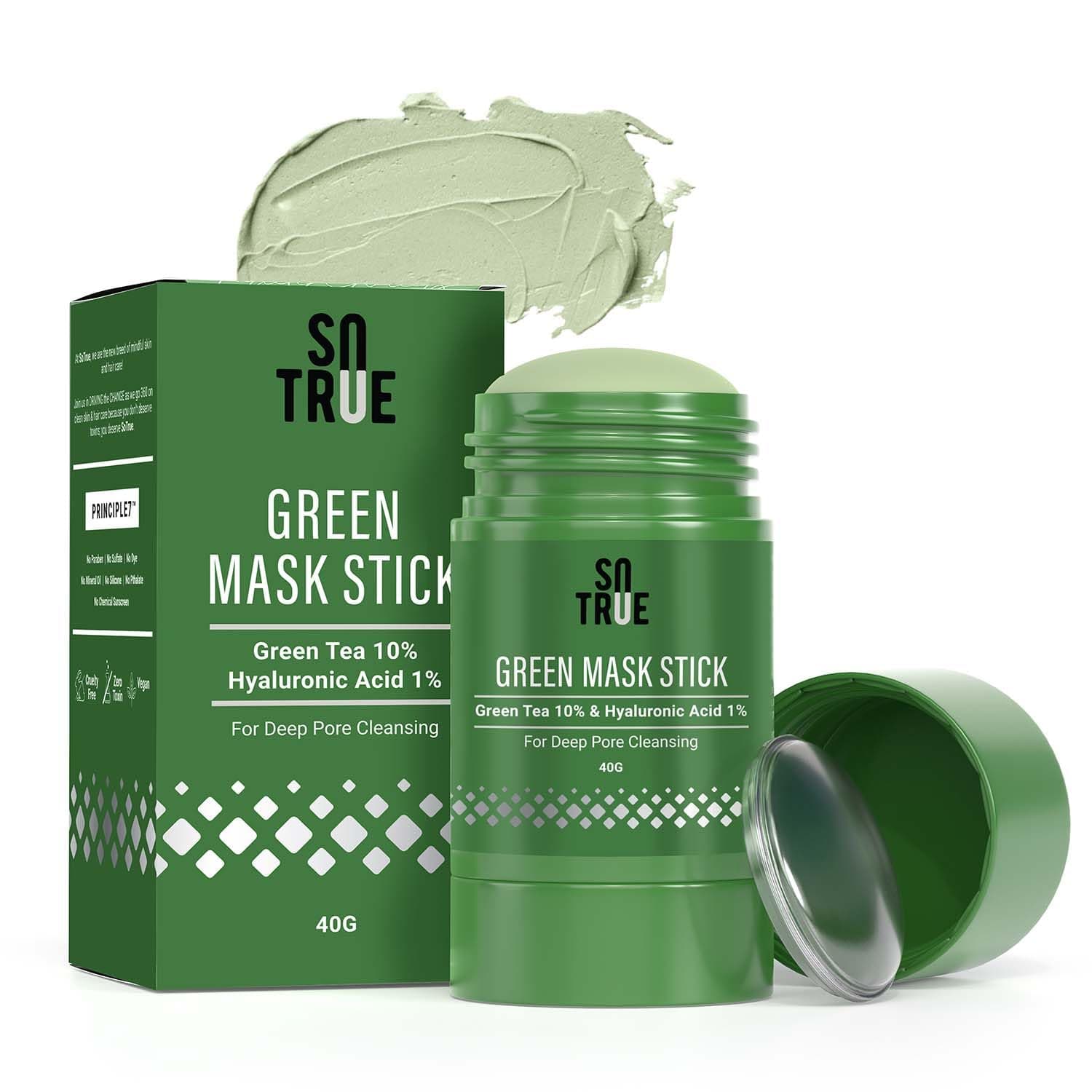 Sotrue Green Tea Cleansing Mask Stick for Face | Made in India | For Blackheads & Oil Control | Purifying Solid Clay Detox Mud Mask with Hyaluronic Acid