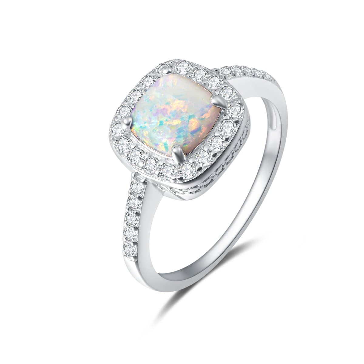 Created Opal Ring 925 Sterling Silver October Birthstone Cubic Zirconia CZ Halo Engagement Wedding Ring Fine Jewelry Gift for Women, All Size