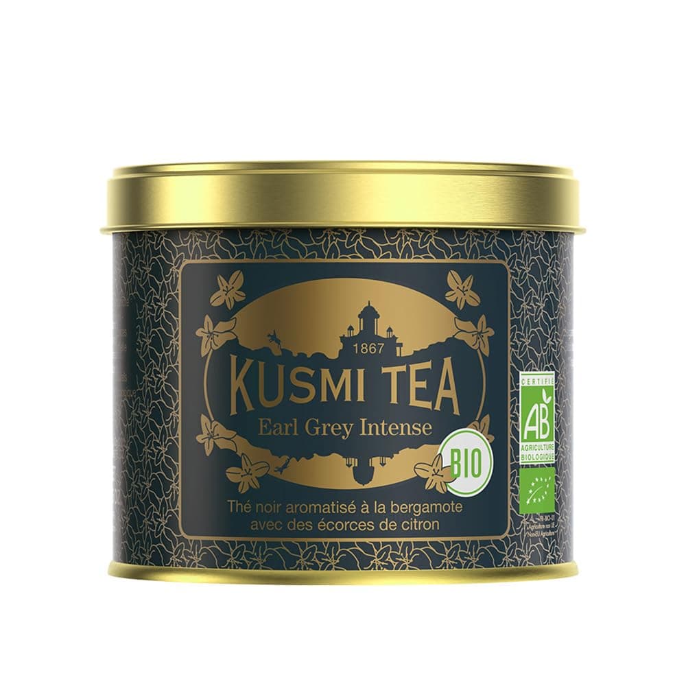Kusmi Tea Earl Grey Intense - 100 gr Loose Tea Tin - Organic Earl Grey Black Tea - Features Bolder Bergamot & Tangy Lemon
