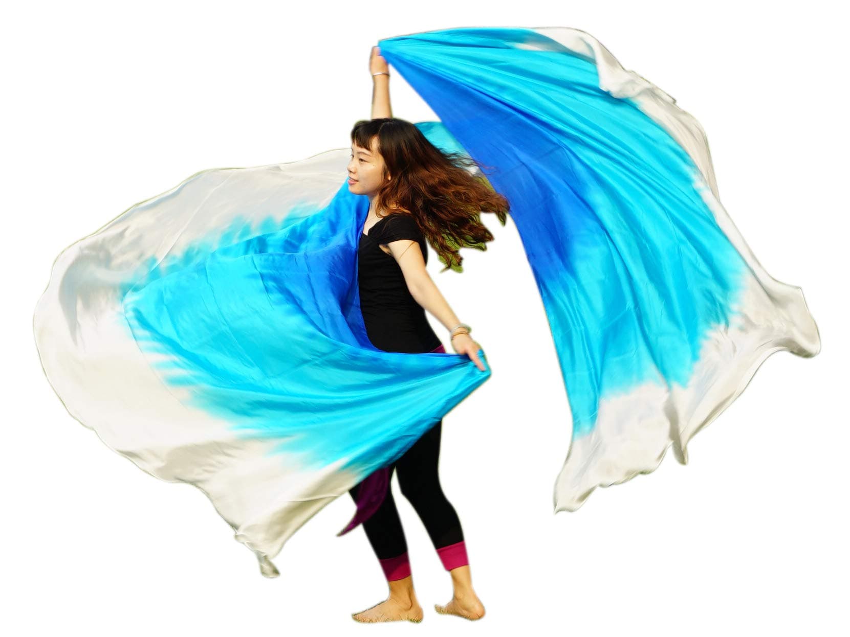 Winged Sirenny Belly Dance Double Veils, 8mm Semicircle Silk Shawl Double Veil Scarves (blue-turquoise-white)