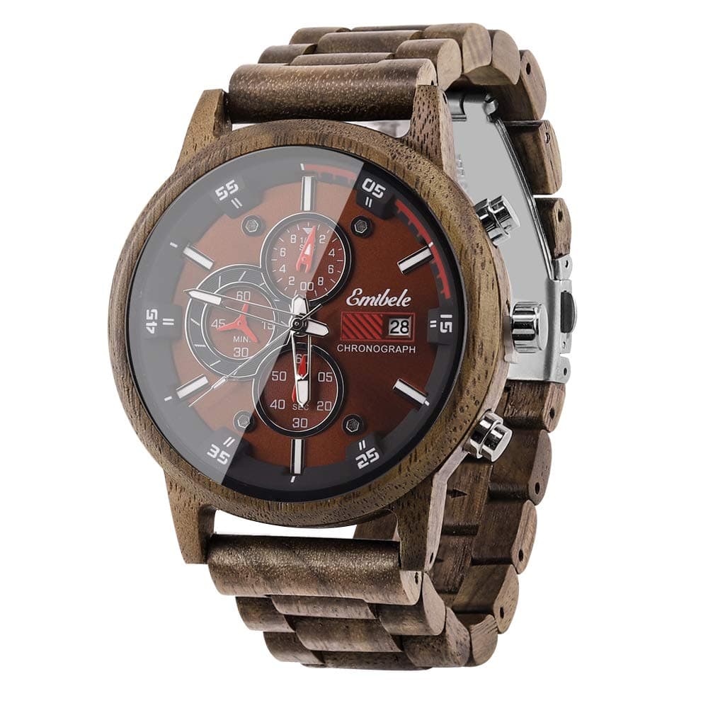 Wooden Watch for Men, Date Display Chronograph Quartz Wrist Watch, 3 Sub-dials Handmade Light Weight Luminous Watch - Walnut