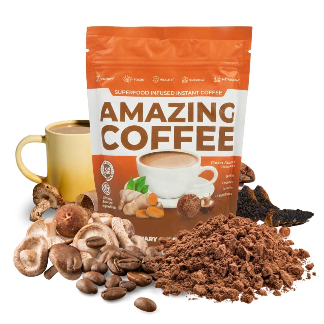 Amazing Coffee - Instant French Roast | Adaptogenic Mushrooms, Superfoods infused - Energy, Focus, Digestion, Immunity - 30 Servings - Cocoa Flavor