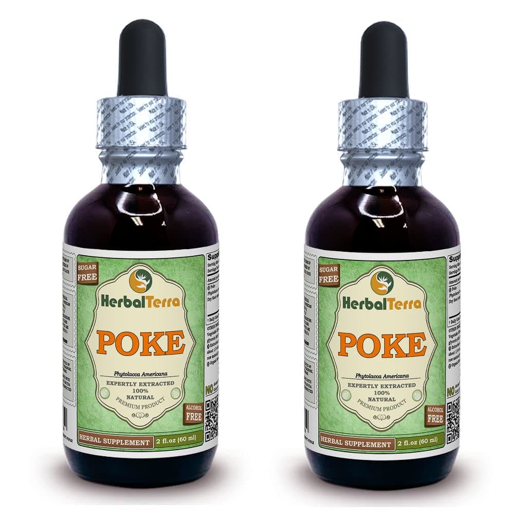 Poke (Phytolacca Americana) Glycerite, Organic Dried Roots Alcohol-FREE Liquid Extract (Brand name: HerbalTerra, Proudly made in USA) 2x2 fl.oz (2x60 ml)