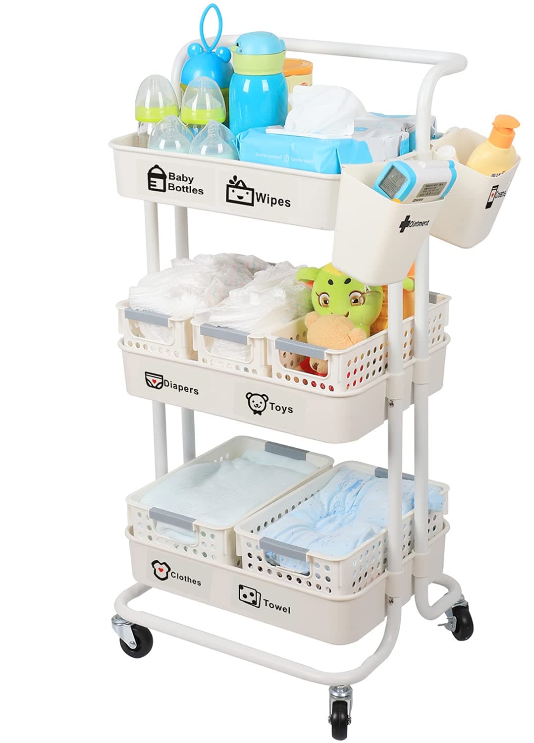 Baby Nappy Caddy Organiser Cart Movable, 3-Tier Sturdy Newborn Diaper Nursery Essentials Storage Basket for Changing Table 、Crib &Toys, Baby Shower Gifts for Mum, Easy to Assemble