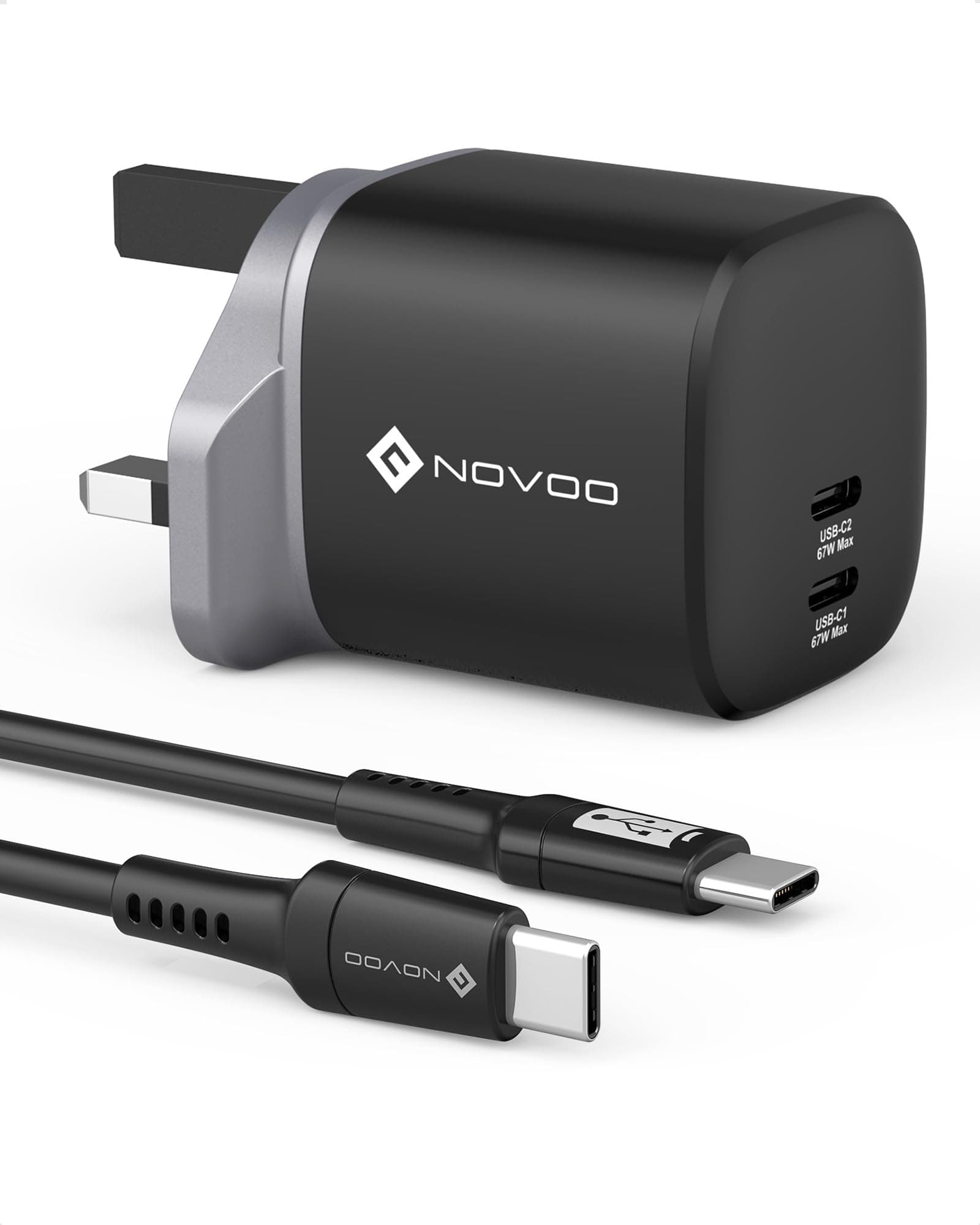 NOVOO Tiny Titan USB C Charger, 67W/65W/45W/30W/25W/20W GaN Charger Support PD3.0 PPS, 2-Port USB C Plug, Super Fast Wall Charger for MacBook Pro/Air, iPhone 14, Galaxy S23/S22, Pixel 7, Steam Deck