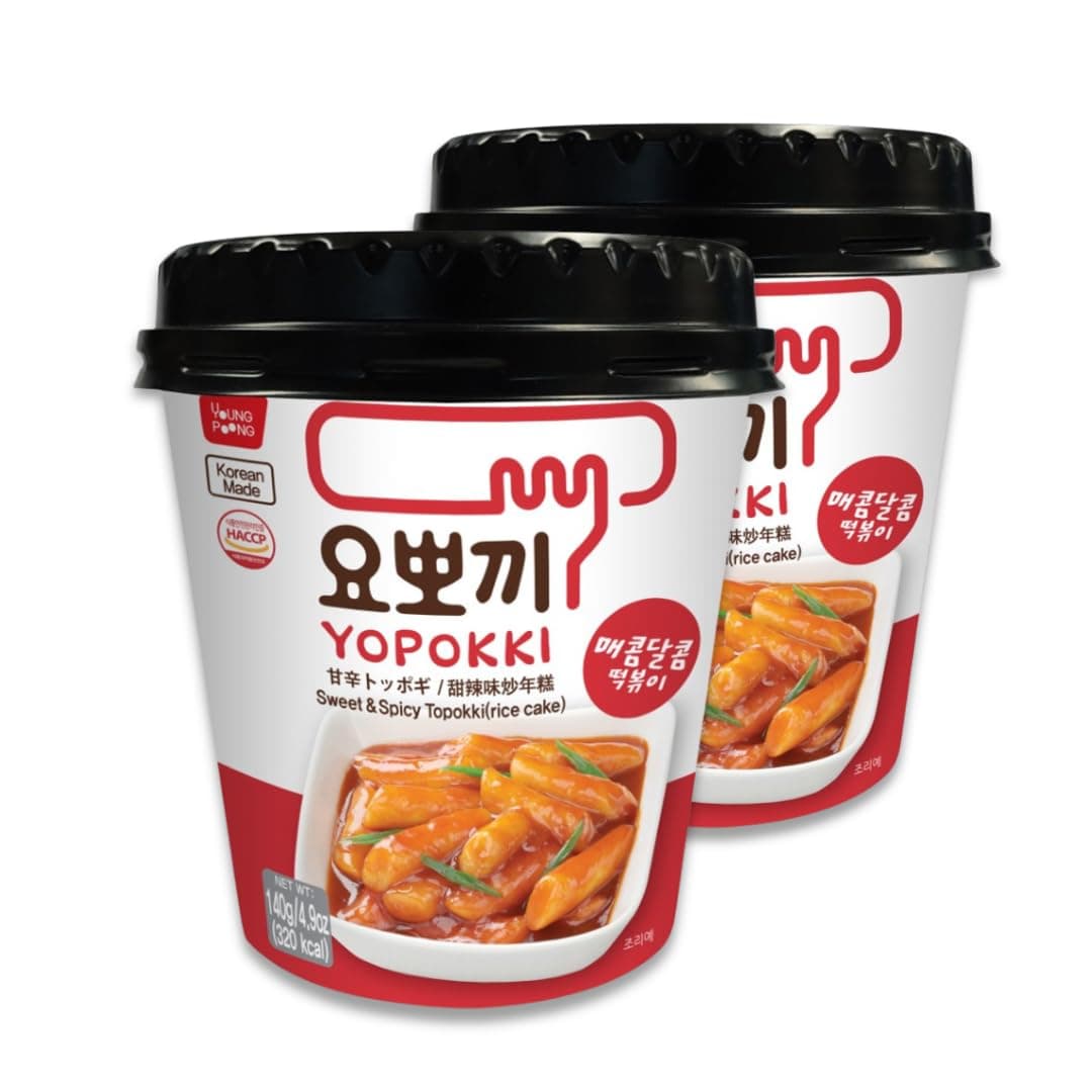 Yopokki Instant Tteokbokki Rice Cakes Korean, Sweet & Spicy Topokki Cup - Great with Cheese and Ramen Toppings, Korean Snacks for College Dorm, Korean Street Food Quick & Easy to Prepare, Pack of 2