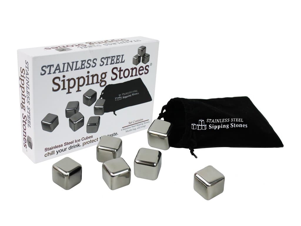 Stainless Steel Ice Cubes - Set of 6 in Gift Box with Muslin Carrying Pouch and Tongs