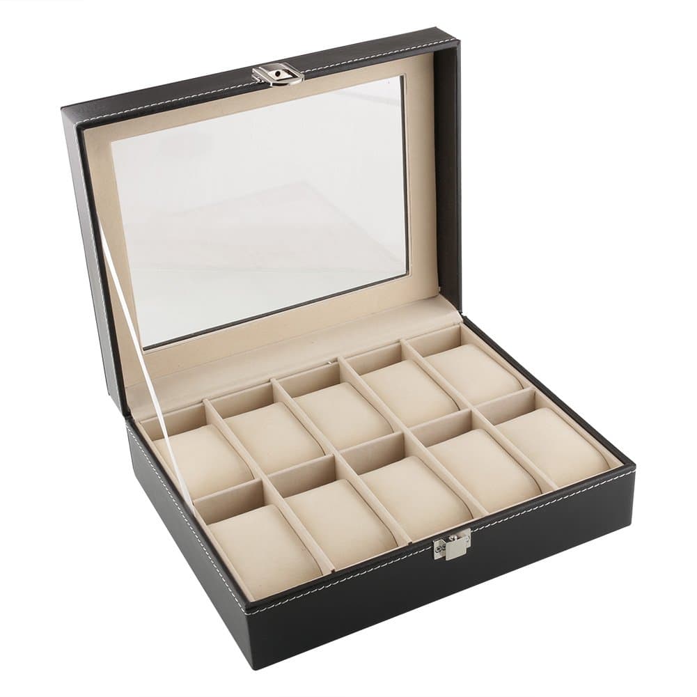 MuchBuy Leather 10 Grids Jewelry Watch Display Organizer Gloss Top Box Case.