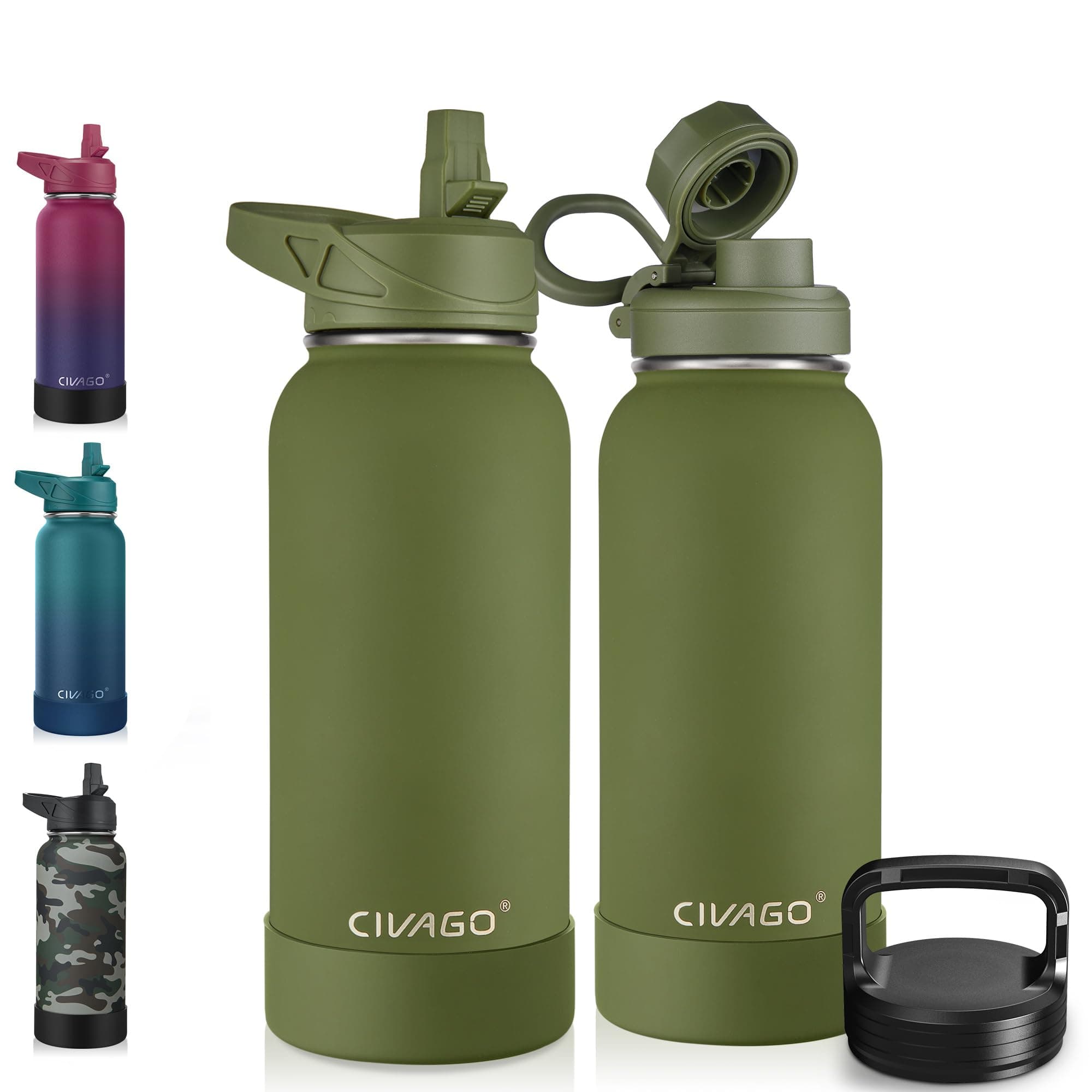 CIVAGO 32 oz Insulated Water Bottle With Straw, Stainless Steel Sports Water Cup Flask with 3 Lids (Straw, Spout and Handle Lid), Wide Mouth Travel Thermal Mug, Army Green