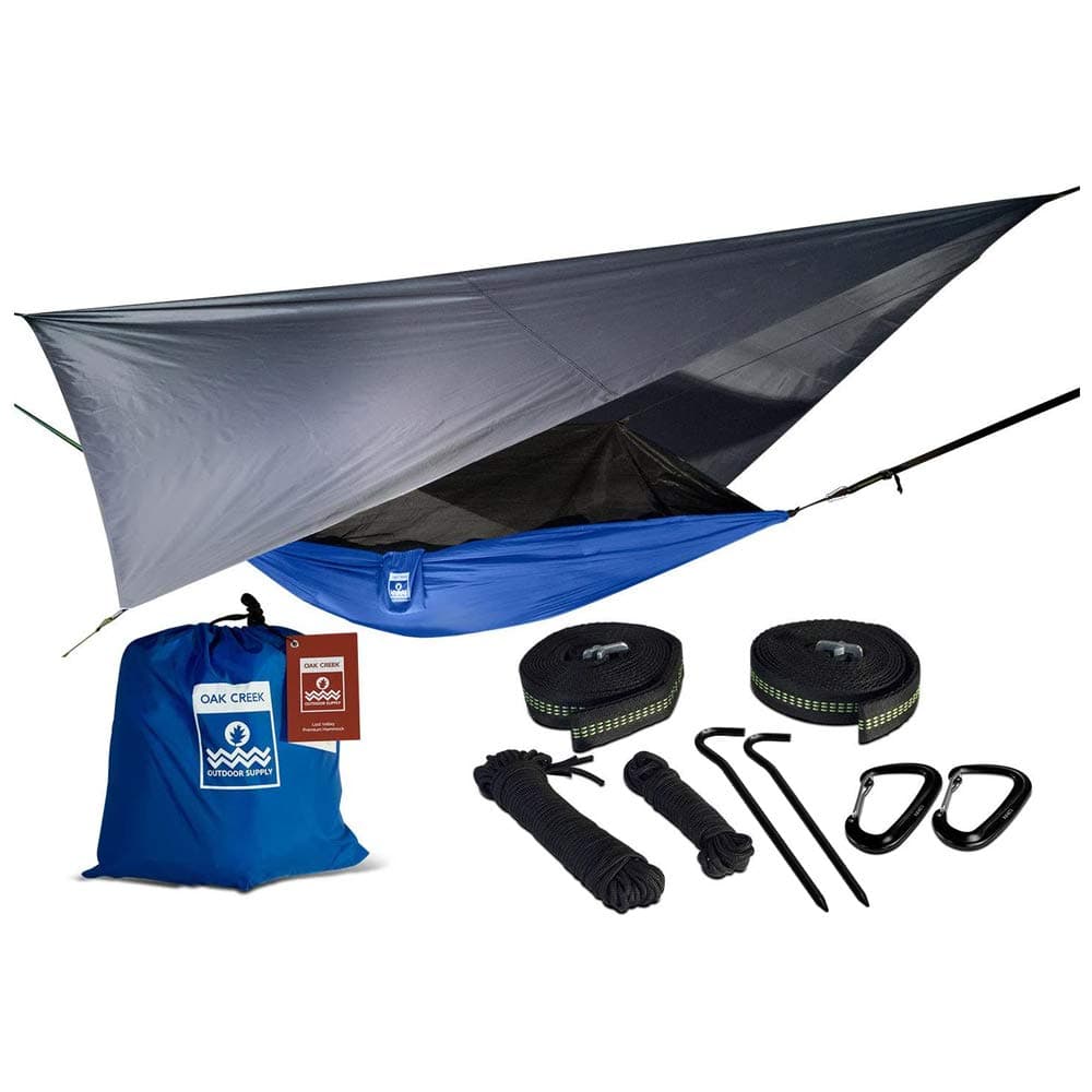 Oak Creek Outdoor Supply Lost Valley Camping Hammock. Bundle Includes Mosquito Net, Rain Fly, Tree Straps, And Compression Sack (Blue And Gray).