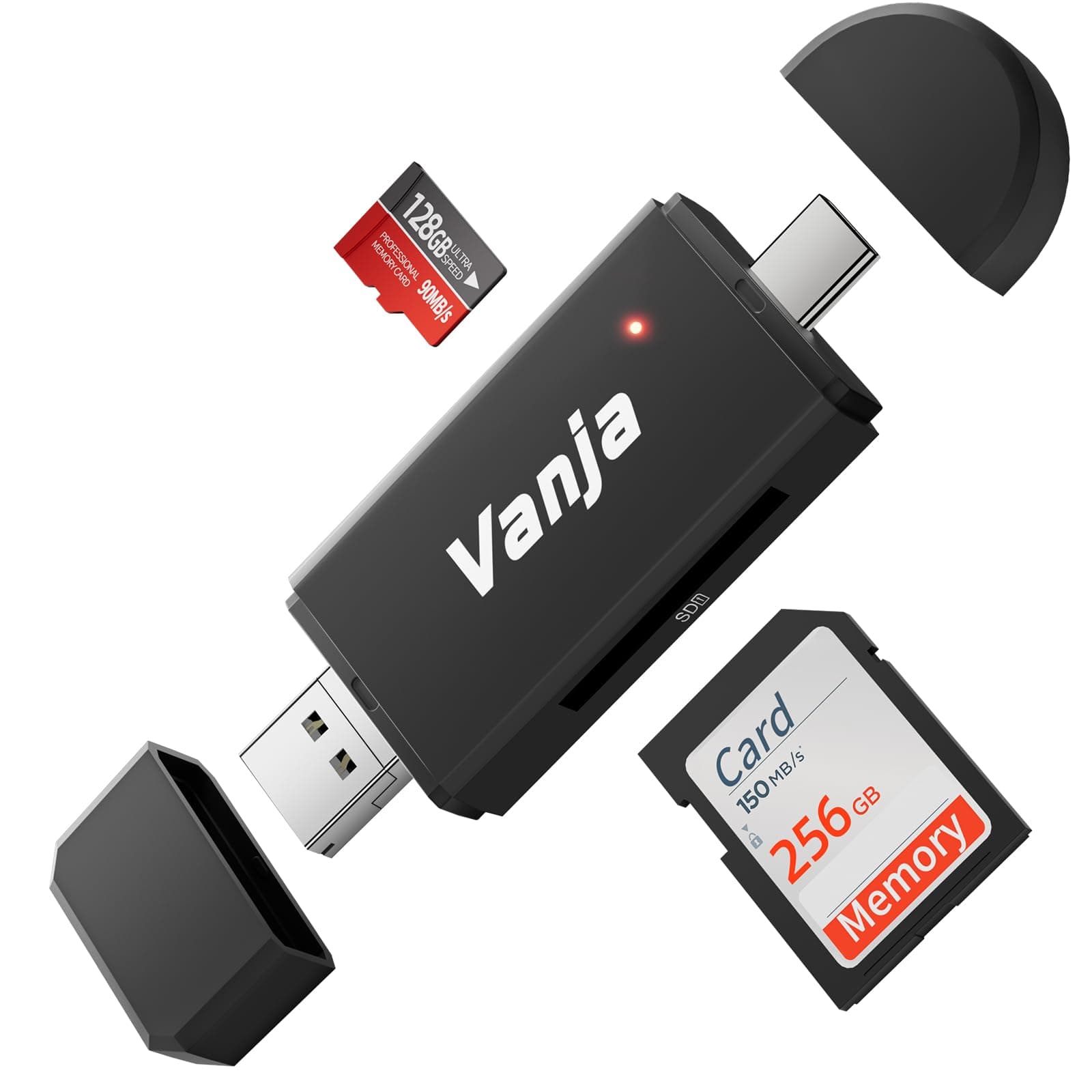 Vanja 3-in-1 SD Card Reader USB-C/USB-A/Micro USB Portable Memory Card Reader Trail Camera SD Card Adapter for SD, SDXC, SDHC, MMC, RS-MMC, Micro SD, Micro SDXC, Micro SDHC and UHS-I Cards