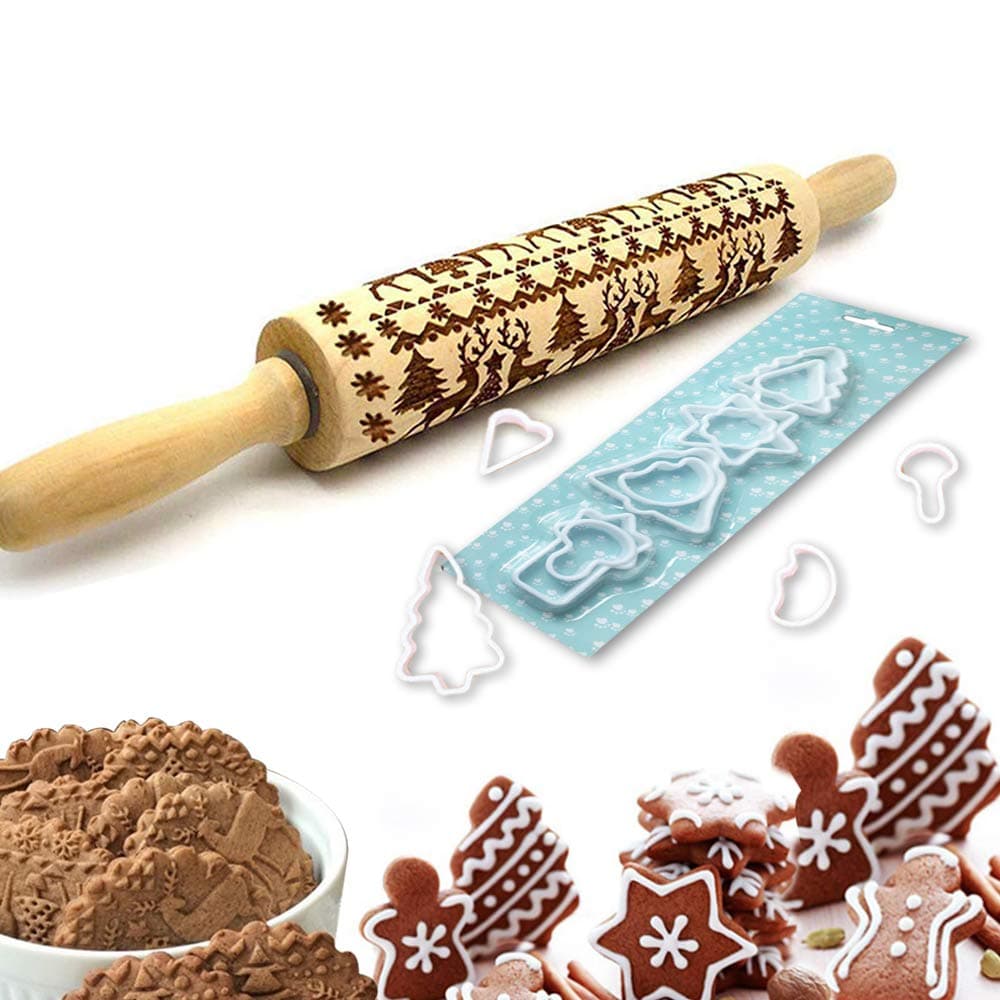 Christmas Wooden Rolling Pins 43x5cm Reindeer Patterned Embossing Engraved Xmas 3D Wooden Roller Baking Tool Included 8 Cookie Cutters for Christmas Cookies