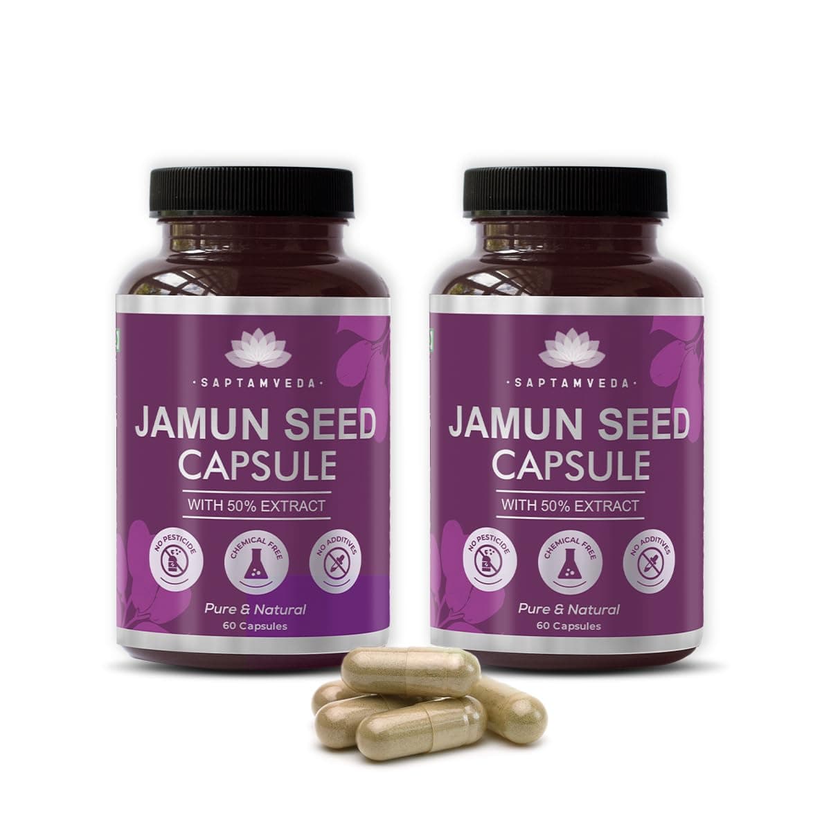 Saptamveda Natural Jamun Seed Powder Capsules with 50% Extract Pack 2, 500 mg (120 Capsules) | Good for Heart & Liver, Promotes Healthy Digestion, Lower Blood Sugar