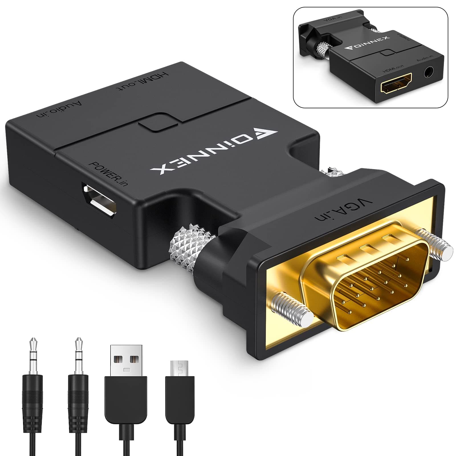 FOINNEX VGA to HDMI Adapter With Audio for Old PC to TV/Monitor - Male VGA (D-Sub, 15-Pin) to HDMI Video Converter for Computer, Projector - Includes Audio and Power Cable, Portable Size