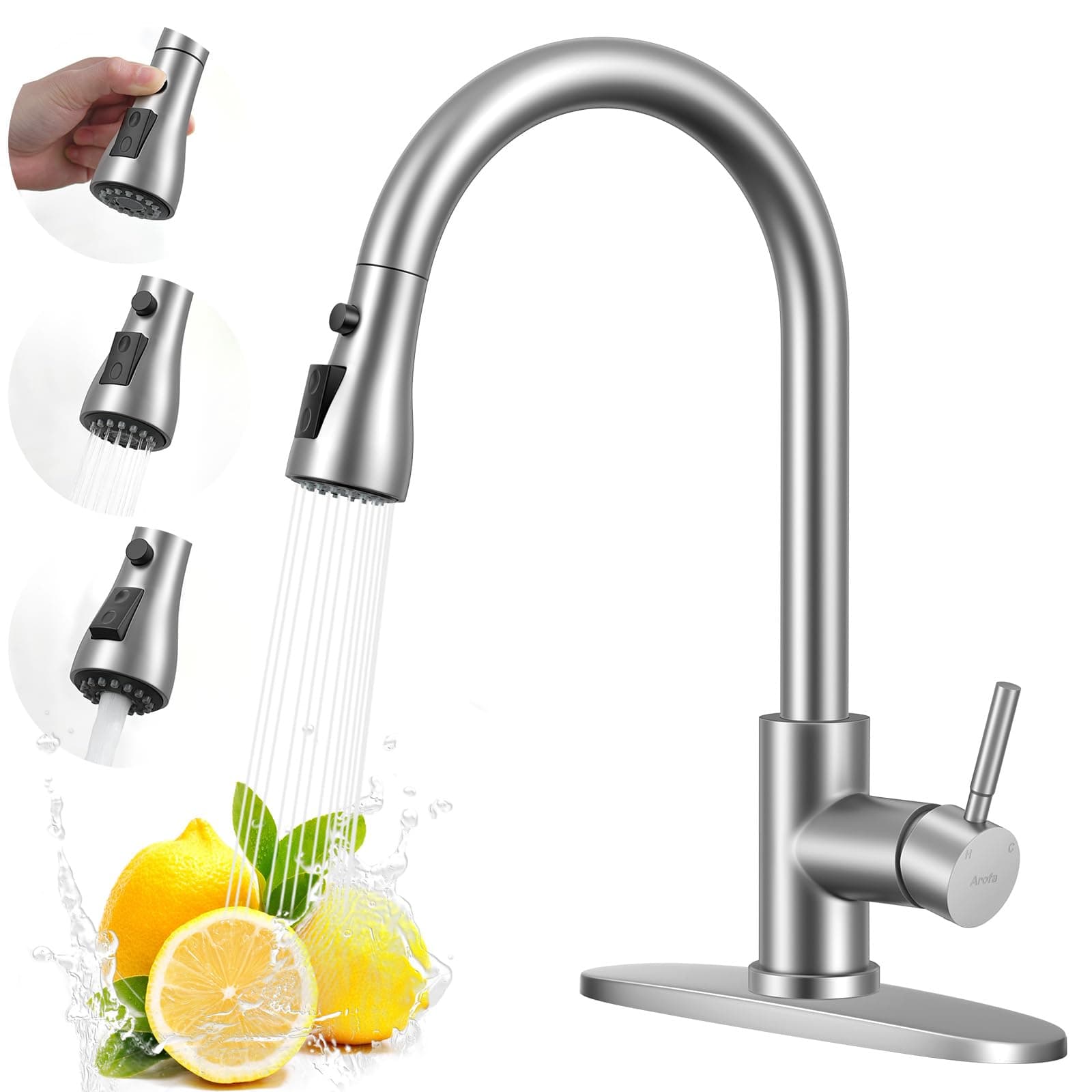 - Arofa Kitchen Faucet with Pull Down Sprayer, Brushed Nickel Kitchen Sink Faucet Single Handle Stainless Steel for 1 or 3 Hole Farmhouse Laundry Utility Rv Bar Sinks